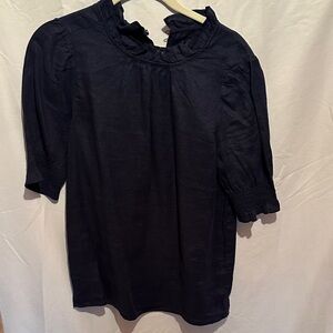 J. Crew Navy Blouse with Ruffle Neck linen never worn